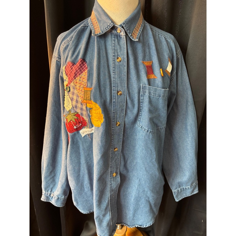 Vintage PTKV Denim Sewing Quilting Patchwork Button Down Shirt Blue Medium